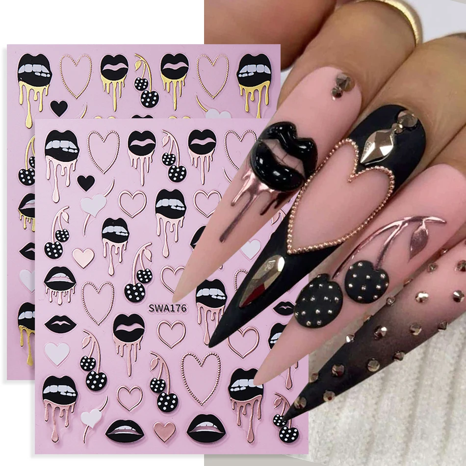 Nail Art Valentines Day - 2 pçs lábios pretos amor coração