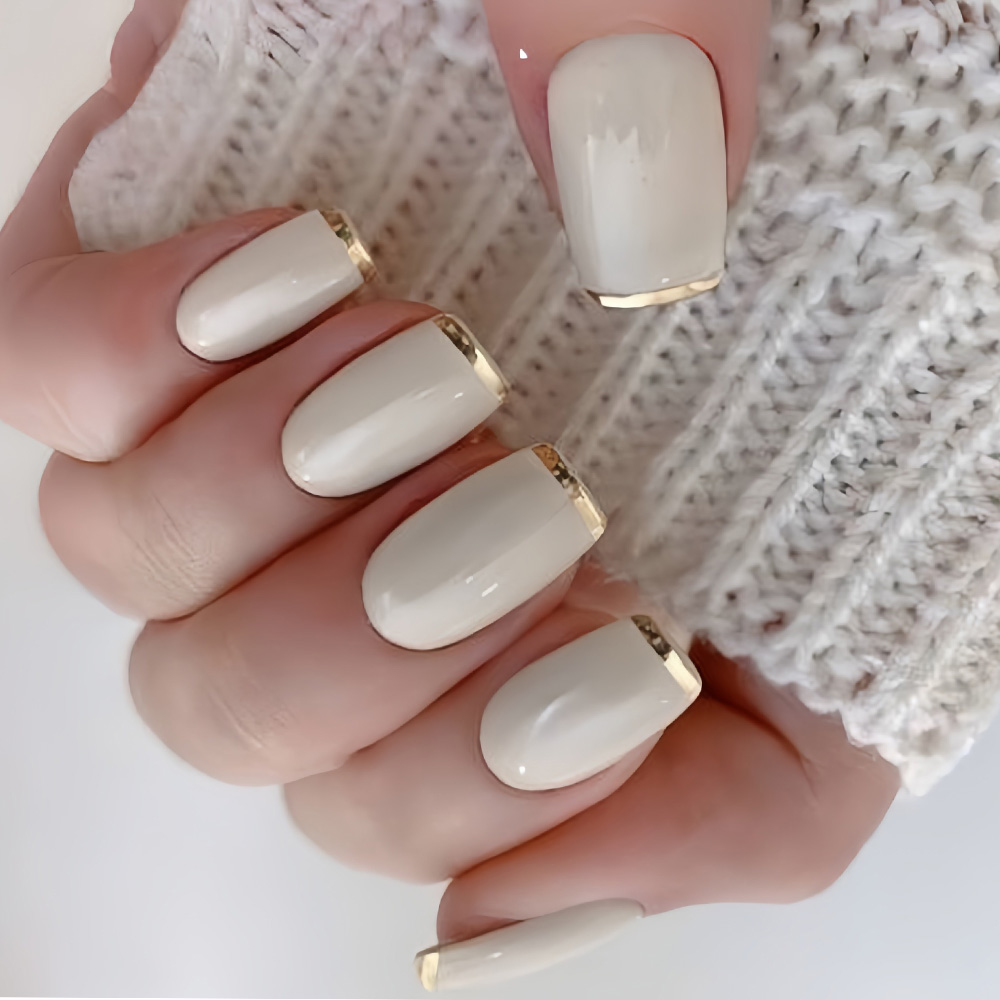 Press On Nail Set - Unhas postiças médias para mulheres, bege,