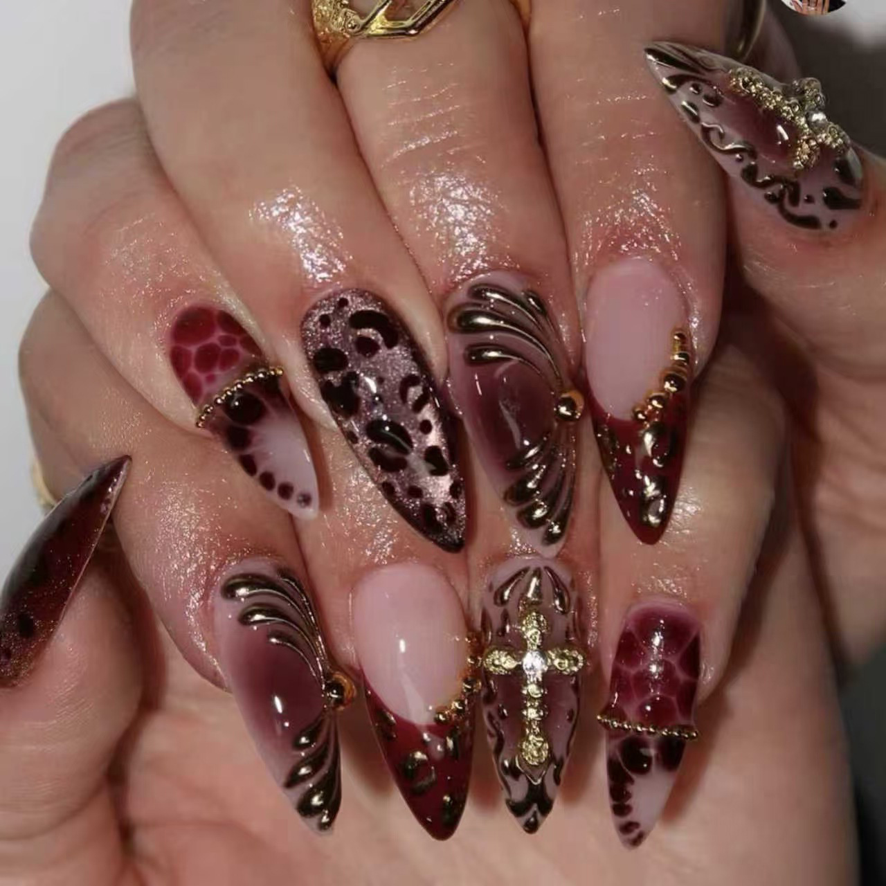 Nail Art Leopard - Unhas postiças médias para mulheres, gradiente